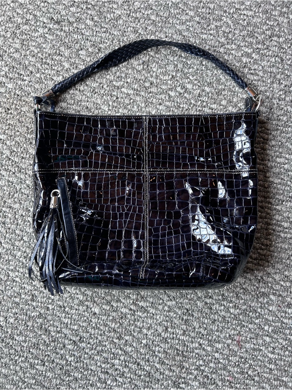 Vintage Brighton Black and Navy Croc-Embossed Patent Shoulder Bag with Tassel